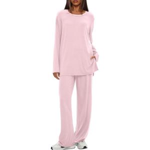 image:imageDarong Womens 2 Piece Lounge Set Casual Long Sleeve Crew Neck Tops Wide Leg Pants Travel Airport Outfit Matching SetsLight Pinkregular