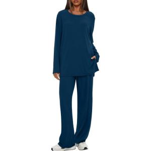 image:imageDarong Womens 2 Piece Lounge Set Casual Long Sleeve Crew Neck Tops Wide Leg Pants Travel Airport Outfit Matching SetsPeacock Blueregular