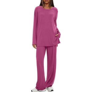 image:imageDarong Womens 2 Piece Lounge Set Casual Long Sleeve Crew Neck Tops Wide Leg Pants Travel Airport Outfit Matching SetsRaspberry Pinkregular