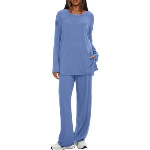 image:imageDarong Womens 2 Piece Lounge Set Casual Long Sleeve Crew Neck Tops Wide Leg Pants Travel Airport Outfit Matching SetsSea Blueregular