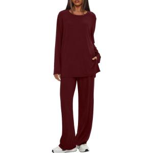 image:imageDarong Womens 2 Piece Lounge Set Casual Long Sleeve Crew Neck Tops Wide Leg Pants Travel Airport Outfit Matching SetsWine Redregular