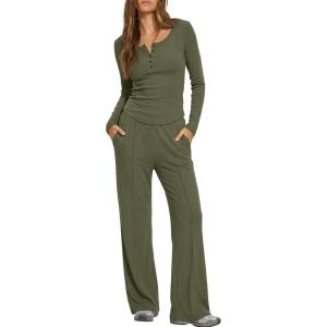 image:imageDarong Womens 2 Piece Matching Lounge Sets 2026 Long Sleeve Henley Shirts Wide Leg Pants Airport Travel OutfitsArmy Green