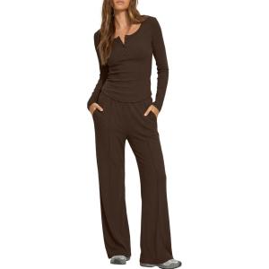 image:imageDarong Womens 2 Piece Matching Lounge Sets 2026 Long Sleeve Henley Shirts Wide Leg Pants Airport Travel OutfitsCoffee
