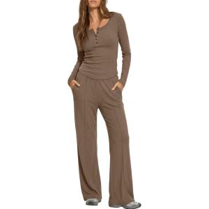 image:imageDarong Womens 2 Piece Matching Lounge Sets 2026 Long Sleeve Henley Shirts Wide Leg Pants Airport Travel OutfitsDeep Khaki