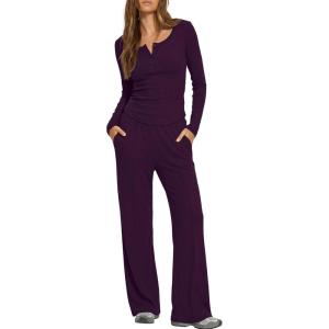 image:imageDarong Womens 2 Piece Matching Lounge Sets 2026 Long Sleeve Henley Shirts Wide Leg Pants Airport Travel OutfitsDeep Purple