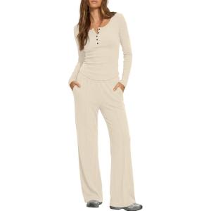 image:imageDarong Womens 2 Piece Matching Lounge Sets 2026 Long Sleeve Henley Shirts Wide Leg Pants Airport Travel OutfitsLight Beige