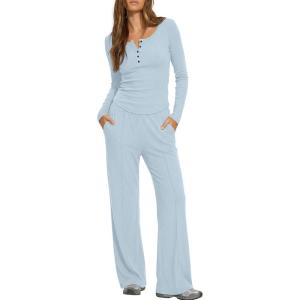image:imageDarong Womens 2 Piece Matching Lounge Sets 2026 Long Sleeve Henley Shirts Wide Leg Pants Airport Travel OutfitsLight Blue