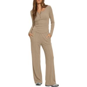 image:imageDarong Womens 2 Piece Matching Lounge Sets 2026 Long Sleeve Henley Shirts Wide Leg Pants Airport Travel OutfitsLight Khaki