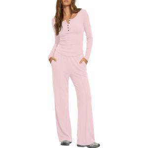 image:imageDarong Womens 2 Piece Matching Lounge Sets 2026 Long Sleeve Henley Shirts Wide Leg Pants Airport Travel OutfitsLight Pink
