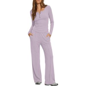 image:imageDarong Womens 2 Piece Matching Lounge Sets 2026 Long Sleeve Henley Shirts Wide Leg Pants Airport Travel OutfitsLight Purple