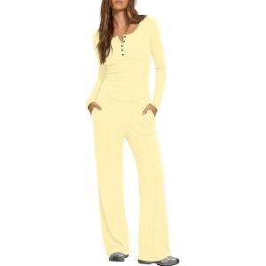image:imageDarong Womens 2 Piece Matching Lounge Sets 2026 Long Sleeve Henley Shirts Wide Leg Pants Airport Travel OutfitsLight Yellow