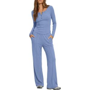 image:imageDarong Womens 2 Piece Matching Lounge Sets 2026 Long Sleeve Henley Shirts Wide Leg Pants Airport Travel OutfitsSky Blue