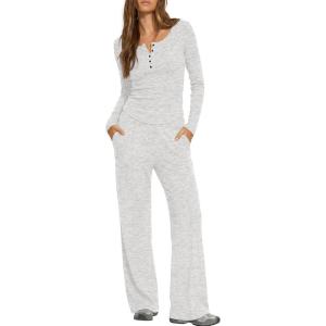 image:imageDarong Womens 2 Piece Matching Lounge Sets 2026 Long Sleeve Henley Shirts Wide Leg Pants Airport Travel OutfitsWhite Grey