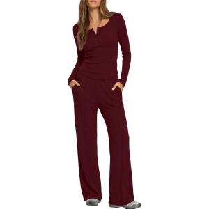 image:imageDarong Womens 2 Piece Matching Lounge Sets 2026 Long Sleeve Henley Shirts Wide Leg Pants Airport Travel OutfitsWine Red