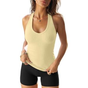 image:imageDarong Halter Tank Top for Women with Built in Bra Soft Ribbed V Neck Backless Cami Shirts Basic Summer OutfitsLight Yellow