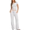 image:imageDarong Womens 2 Piece Matching Lounge Sets Summer Short Sleeve Henley Shirts Wide Leg Pants Airport Travel Spring OutfitsWhite Grey