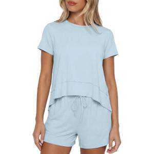 image:imageDarong 2 Piece Sets for Women Summer Lounge Wear Casual Short Sleeve Tshirts Shorts Matching Airport Outfit PostpartumBaby Blue
