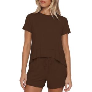 image:imageDarong 2 Piece Sets for Women Summer Lounge Wear Casual Short Sleeve Tshirts Shorts Matching Airport Outfit PostpartumCoffee