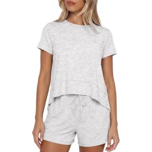 image:imageDarong 2 Piece Sets for Women Summer Lounge Wear Casual Short Sleeve Tshirts Shorts Matching Airport Outfit PostpartumWhite Grey