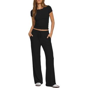 image:imageDarong Womens 2 Piece Matching Lounge Sets Summer Short Sleeve Henley Shirts Wide Leg Pants Airport Travel Spring OutfitsBlack