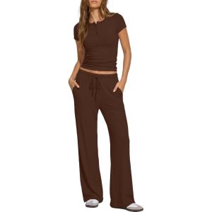 image:imageDarong Womens 2 Piece Matching Lounge Sets Summer Short Sleeve Henley Shirts Wide Leg Pants Airport Travel Spring OutfitsCoffee