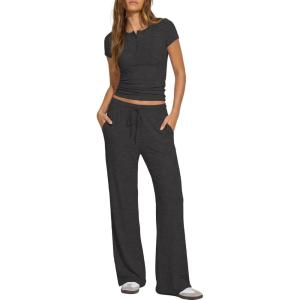 image:imageDarong Womens 2 Piece Matching Lounge Sets Summer Short Sleeve Henley Shirts Wide Leg Pants Airport Travel Spring OutfitsDeep Grey