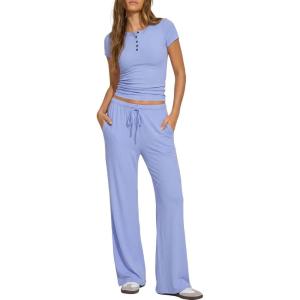 image:imageDarong Womens 2 Piece Matching Lounge Sets Summer Short Sleeve Henley Shirts Wide Leg Pants Airport Travel Spring OutfitsLight Blue