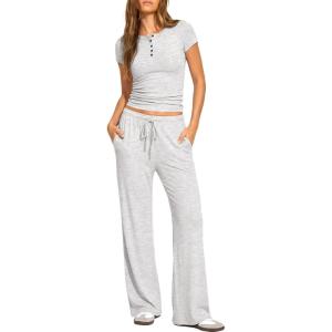 image:imageDarong Womens 2 Piece Matching Lounge Sets Summer Short Sleeve Henley Shirts Wide Leg Pants Airport Travel Spring OutfitsWhite Grey