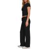 image:imageDarong Womens 2 Piece Set Outfits Ribbed Lounge Sets Ruched Short Sleeve Tops Drawstring Waist Wide Leg Pants Airport SetsBlack