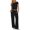 image:imageDarong Womens 2 Piece Set Outfits Ribbed Lounge Sets Ruched Short Sleeve Tops Drawstring Waist Wide Leg Pants Airport SetsBlack