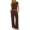 image:imageDarong Womens 2 Piece Set Outfits Ribbed Lounge Sets Ruched Short Sleeve Tops Drawstring Waist Wide Leg Pants Airport SetsCoffee