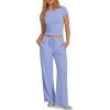 image:imageDarong Womens 2 Piece Set Outfits Ribbed Lounge Sets Ruched Short Sleeve Tops Drawstring Waist Wide Leg Pants Airport SetsLight Blue
