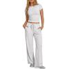 image:imageDarong Womens 2 Piece Set Outfits Ribbed Lounge Sets Ruched Short Sleeve Tops Drawstring Waist Wide Leg Pants Airport SetsWhite Grey