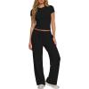 image:imageDarong Womens 2 Piece Set Outfits Ribbed Lounge Sets Ruched Short Sleeve Tops Drawstring Waist Wide Leg Pants Airport SetsBlack