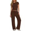 image:imageDarong Womens 2 Piece Set Outfits Ribbed Lounge Sets Ruched Short Sleeve Tops Drawstring Waist Wide Leg Pants Airport SetsCoffee