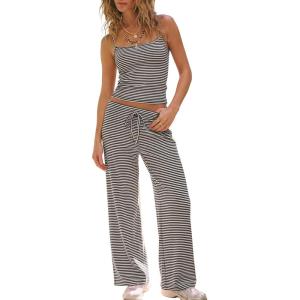 image:imageDarong Womens 2 Piece Matching Lounge Set Striped Sleeveless Top Wide Leg Pants 2026 Travel Clothing SetsStripeblack