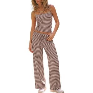 image:imageDarong Womens 2 Piece Matching Lounge Set Striped Sleeveless Top Wide Leg Pants 2026 Travel Clothing SetsStripecoffee
