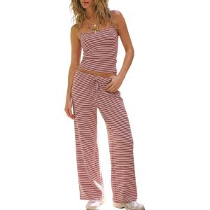 image:imageDarong Womens 2 Piece Matching Lounge Set Striped Sleeveless Top Wide Leg Pants 2026 Travel Clothing SetsStripewine Red