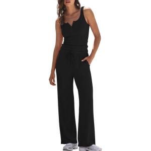 image:imageDarong Womens 2 Piece Matching Lounge Sets Summer Henley Neck Slightly Crop Tank Top Wide Leg Pants Casual Sweat SuitBlack