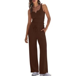 image:imageDarong Womens 2 Piece Matching Lounge Sets Summer Henley Neck Slightly Crop Tank Top Wide Leg Pants Casual Sweat SuitCoffee