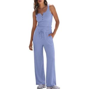 image:imageDarong Womens 2 Piece Matching Lounge Sets Summer Henley Neck Slightly Crop Tank Top Wide Leg Pants Casual Sweat SuitLight Blue