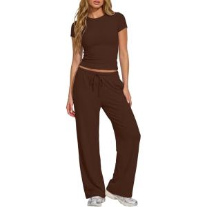 image:imageDarong Womens 2 Piece Set Outfits Ribbed Lounge Sets Ruched Short Sleeve Tops Drawstring Waist Wide Leg Pants Airport SetsCoffee