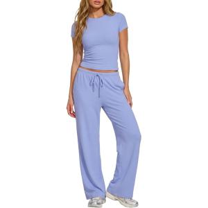 image:imageDarong Womens 2 Piece Set Outfits Ribbed Lounge Sets Ruched Short Sleeve Tops Drawstring Waist Wide Leg Pants Airport SetsLight Blue