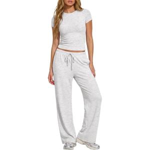 image:imageDarong Womens 2 Piece Set Outfits Ribbed Lounge Sets Ruched Short Sleeve Tops Drawstring Waist Wide Leg Pants Airport SetsWhite Grey