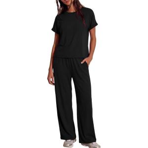 image:imageDarong Womens Lounge Set 2 Piece Outfits Casual Loose Fit Short Sleeve Tops and Wide Leg Pants TracksuitsBlack