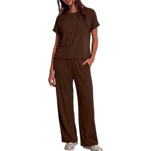 image:imageDarong Womens Lounge Set 2 Piece Outfits Casual Loose Fit Short Sleeve Tops and Wide Leg Pants TracksuitsCoffee