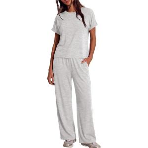 image:imageDarong Womens Lounge Set 2 Piece Outfits Casual Loose Fit Short Sleeve Tops and Wide Leg Pants TracksuitsWhite Grey