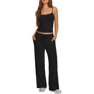 image:imageDarong Womens Summer Outfits 2 Piece Lounge Set Spaghetti Strap Tank Top Wide Leg Pants Matching Sets Travel ClothingBlack