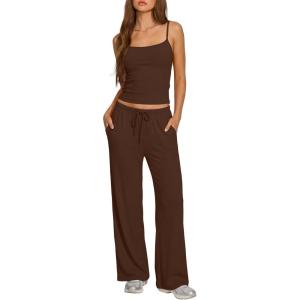 image:imageDarong Womens Summer Outfits 2 Piece Lounge Set Spaghetti Strap Tank Top Wide Leg Pants Matching Sets Travel ClothingCoffee