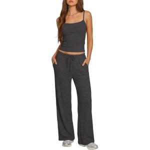 image:imageDarong Womens Summer Outfits 2 Piece Lounge Set Spaghetti Strap Tank Top Wide Leg Pants Matching Sets Travel ClothingDeep Grey